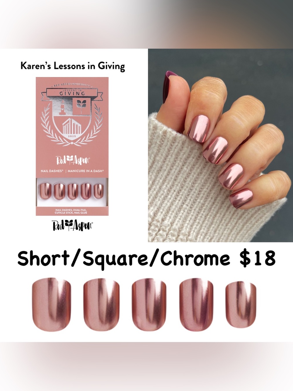 Red Aspen Chrome Rose Gold Short Square Press-On Nails